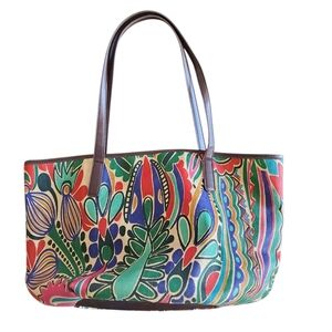 Neiman Marcus Colorful Pop Art Patterned Raffia Tote Bag